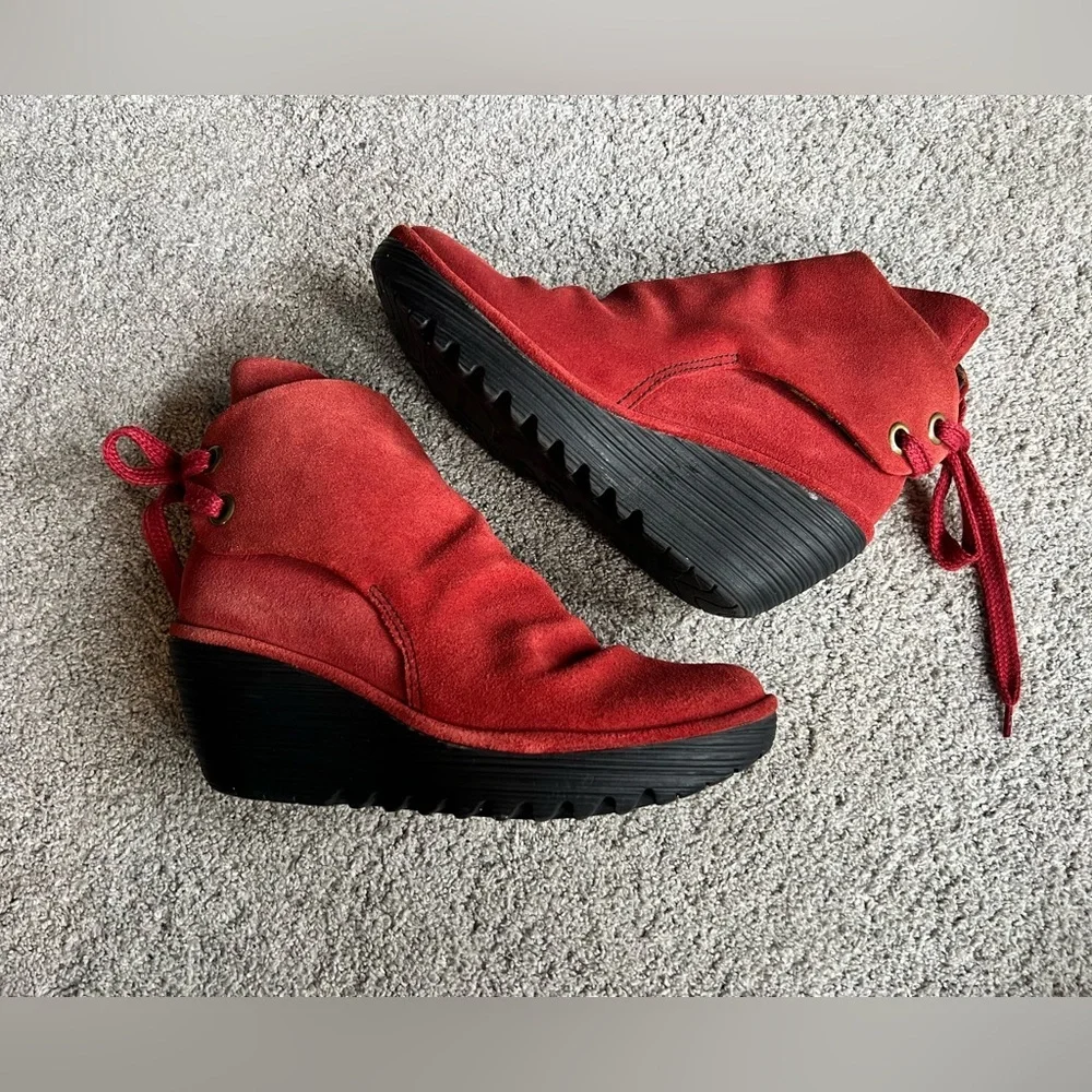 Fly London Ankle Boots Yama Size 39 Wedge Brick Suede Lace Up Ankle Booties